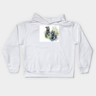 Two Black Miniature Schnauzers Playing Watercolour Painting Kids Hoodie